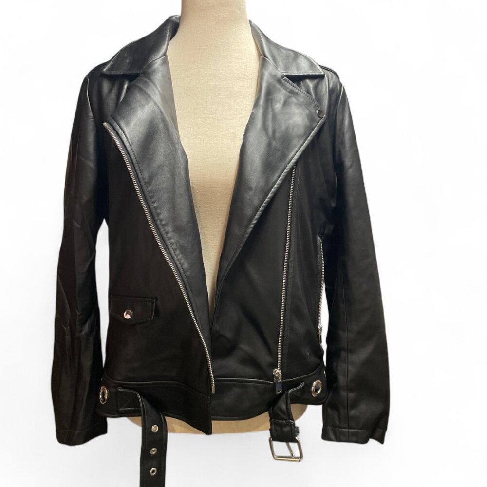 Zara Womens Large Black Faux Leather Moto Biker Style Cropped Jacket